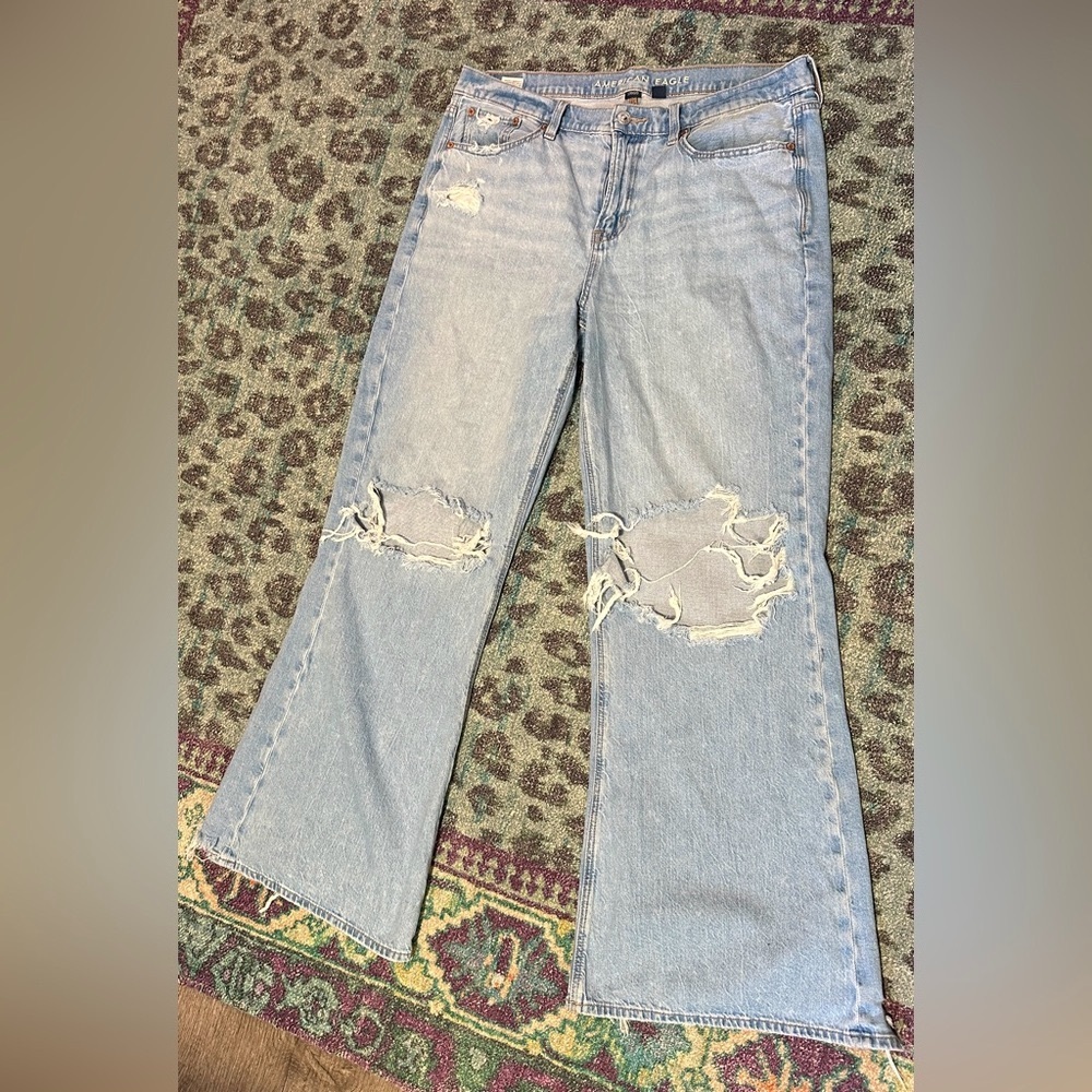 AEO Strigid Low-Rise Baggy Flare, Distressed, Size 10